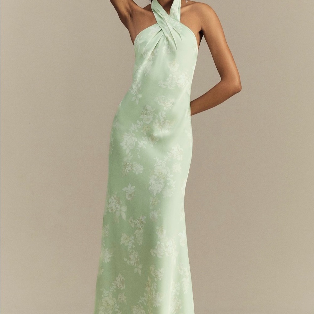 Green Floral BHLDN Ruby Twist Halter Satin Gown